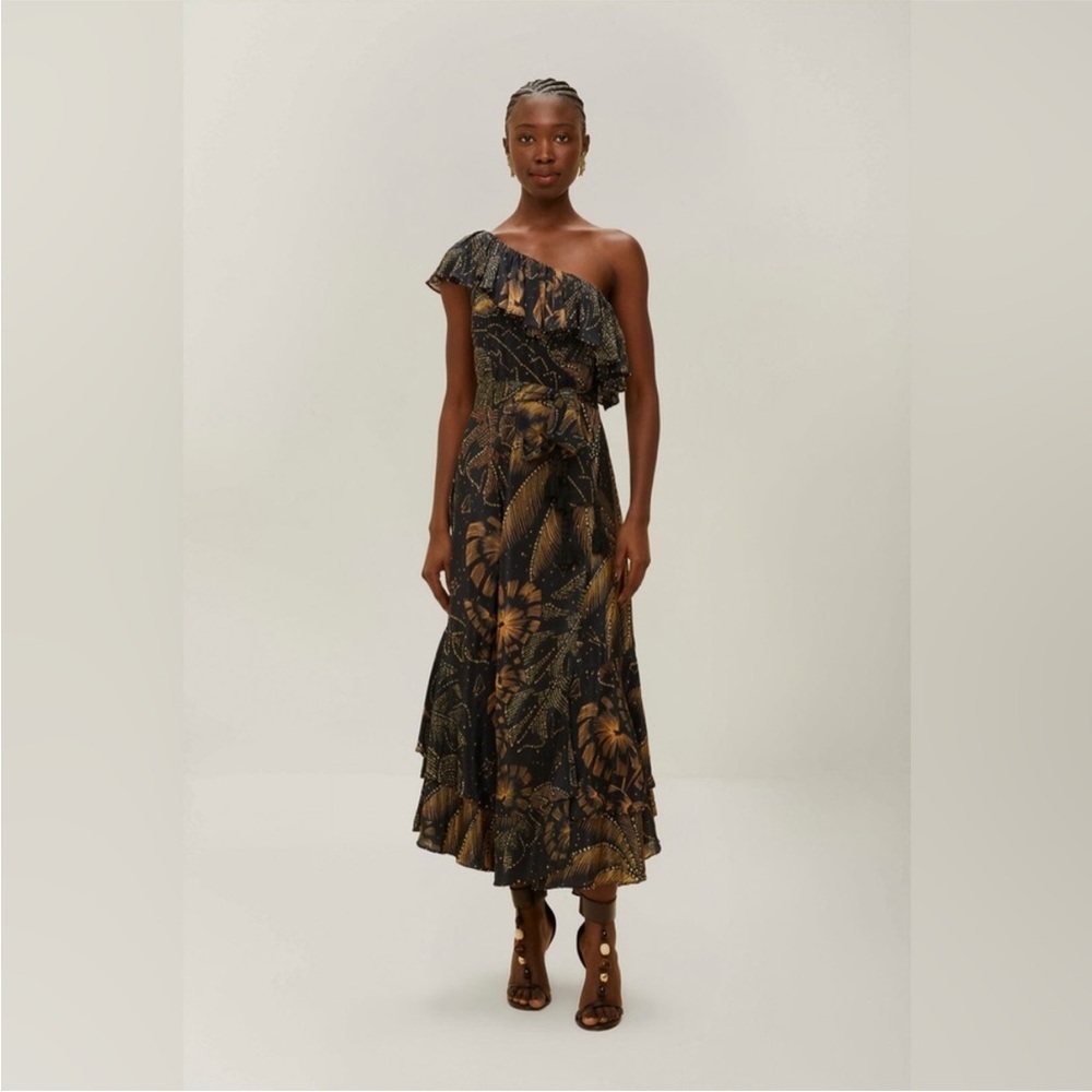 FARM Rio Black and Gold One-Shoulder Foliage Ruffle Midi Dress
